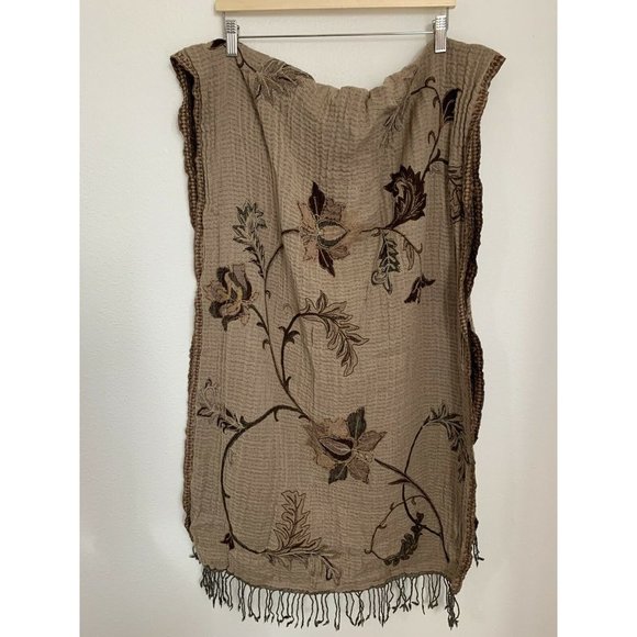 Charter Club Soft Wool Scarf Wrap 25”x 68” Brown Floral Appliqué - Picture 1 of 6